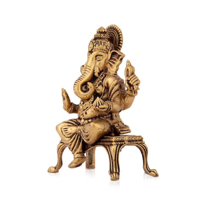 Ganesh Statue Sitting On Chowki - 3.5 x 2.5 Inches | Brass Vinayaka Idol / Ganesh Idol for Pooja/ 150 Gms Approx