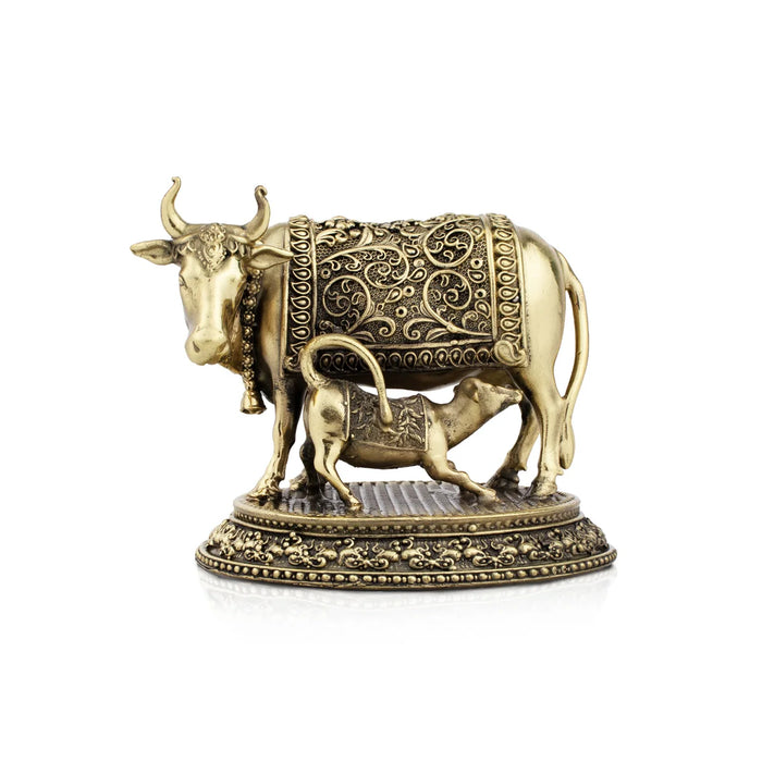 Cow and Calf Idol - 3.5 x 3.75 Inches | Brass Idol/ Kamadhenu Statue for Pooja/ 320 Gms Approx