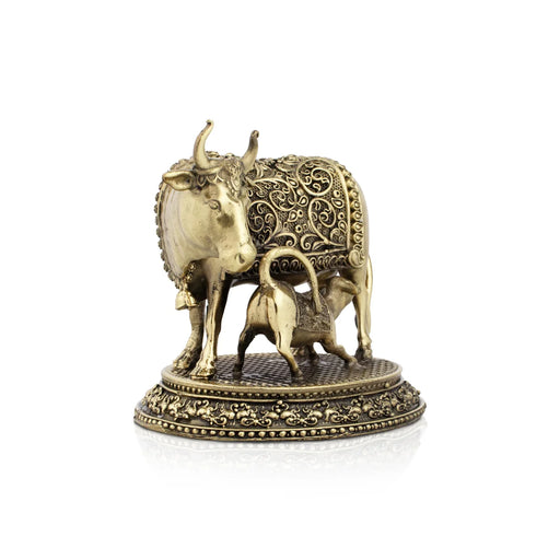 Cow and Calf Idol - 3.5 x 3.75 Inches | Brass Idol/ Kamadhenu Statue for Pooja/ 320 Gms Approx - Table Stand Accessories