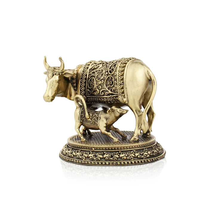 Cow and Calf Idol - 3.5 x 3.75 Inches | Brass Idol/ Kamadhenu Statue for Pooja/ 320 Gms Approx - Table Stand Accessories