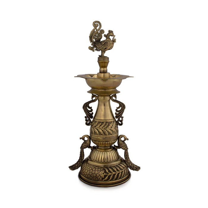 Brass Kuthu Vilakku - 11.5 x 4 Inches | 5 Face Lamp/ Lamp with Annam Peacock Decoration/ 470 Gms Approx