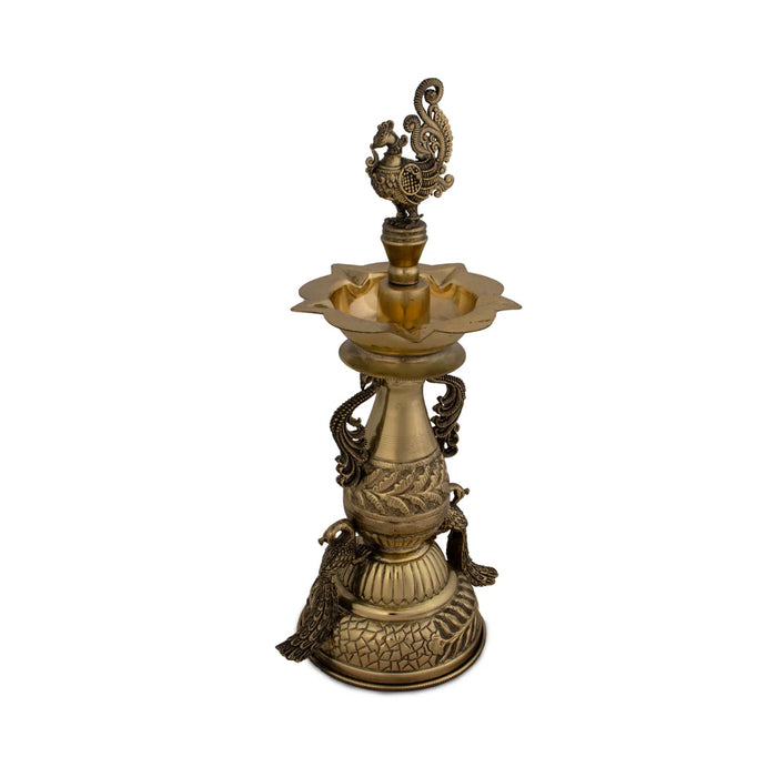 Brass Kuthu Vilakku - 11.5 x 4 Inches | 5 Face Lamp/ Lamp with Annam Peacock Decoration/ 470 Gms Approx