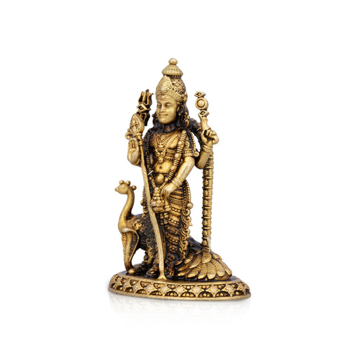 Peacock Murugan Statue Standing On Base - 2.25 x 1.25 Inches | Antique Brass Idol/ Murugan Silai for Pooja - Brass Murties