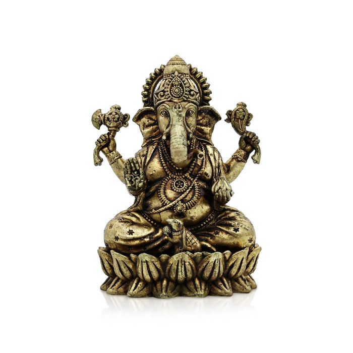 Ganesh Murti Sitting On Flower Base - 3 x 2 Inches | Brass Idol/ Antique Polish Ganpati Murti for Pooja - Brass Murties