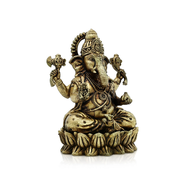 Ganesh Murti Sitting On Flower Base - 3 x 2 Inches | Brass Idol/ Antique Polish Ganpati Murti for Pooja - Brass Murties