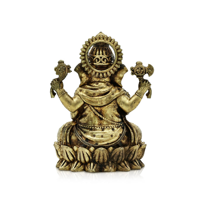 Ganesh Murti Sitting On Flower Base - 3 x 2 Inches | Brass Idol/ Antique Polish Ganpati Murti for Pooja - Brass Murties