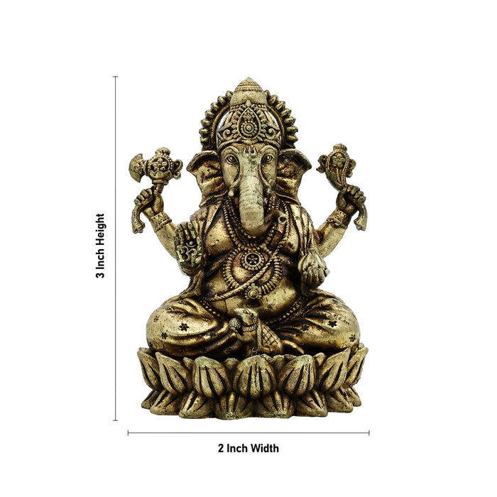 Ganesh Murti Sitting On Flower Base - 3 x 2 Inches | Brass Idol/ Antique Polish Ganpati Murti for Pooja - Brass Murties