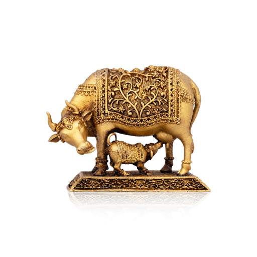 Cow With Calf Idol With Base - 2.75 x 3 Inches | Brass Idol/ Kamdhenu Cow With Calf Idol for Home - Table Stand Accessories