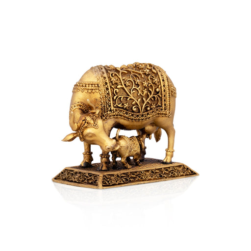 Cow With Calf Idol With Base - 2.75 x 3 Inches | Brass Idol/ Kamdhenu Cow With Calf Idol for Home - Table Stand Accessories