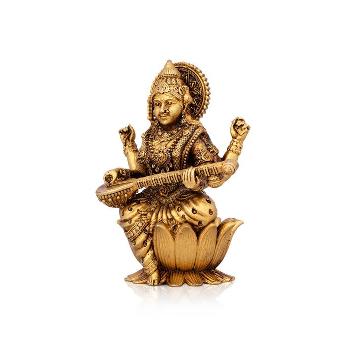 Saraswati Murti Sitting On Lotus Base - 3.75 x 2.5 Inches | Brass Idol/ Maa Saraswati Statue for Pooja - Brass Murties