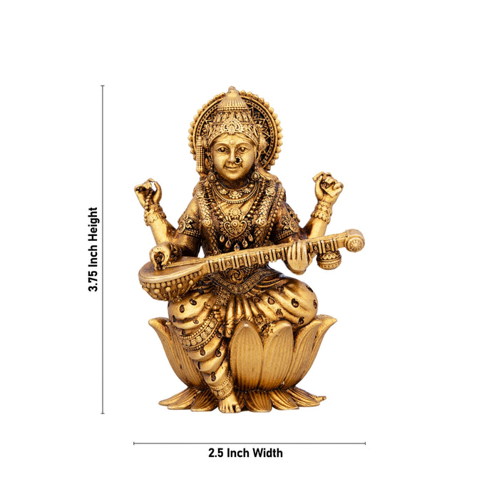 Saraswati Murti Sitting On Lotus Base - 3.75 x 2.5 Inches | Brass Idol/ Maa Saraswati Statue for Pooja - Brass Murties