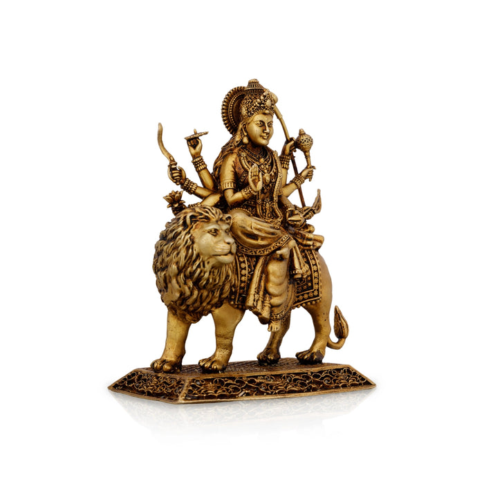 Durga Idol Sitting On Lion With Base - 5 x 4.25 Inches | Brass Idol/ Durga Statue for Pooja - Brass Murties