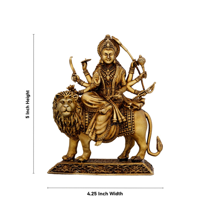 Durga Idol Sitting On Lion With Base - 5 x 4.25 Inches | Brass Idol/ Durga Statue for Pooja - Brass Murties