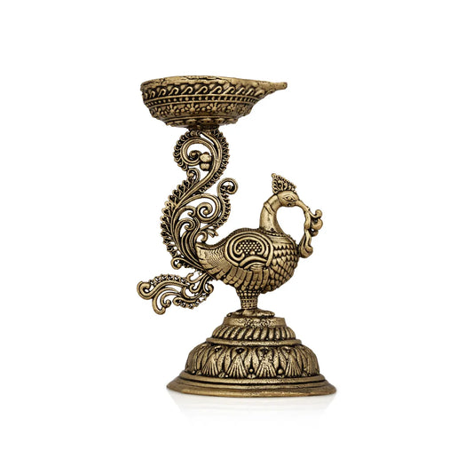 Peacock Design Vilakku - 2 X 3.5 Inches | Brass Diya / Antique Polish / Mayil Deepam For Pooja - Decorative Lamp