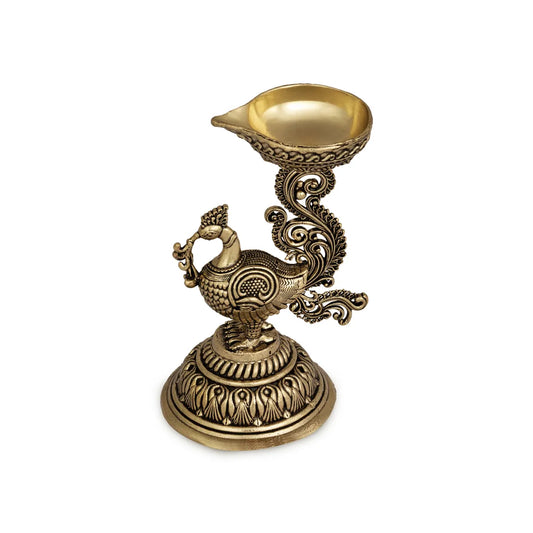 Peacock Design Vilakku - 2 X 3.5 Inches | Brass Diya / Antique Polish / Mayil Deepam For Pooja - Decorative Lamp