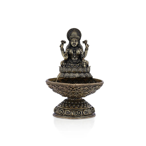Lakshmi with Deepam- 3.5 x 2.25 Inches | Antique Brass Vilakku / Oil Lamp / Diya For Home & Pooja - Deity Lamps