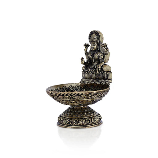 Lakshmi with Deepam- 3.5 x 2.25 Inches | Antique Brass Vilakku / Oil Lamp / Diya For Home & Pooja - Deity Lamps
