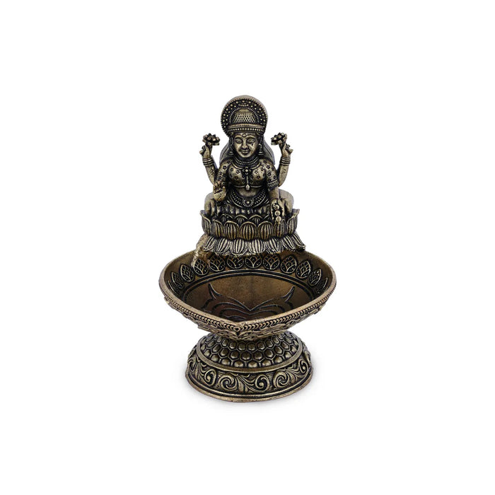 Lakshmi with Deepam- 3.5 x 2.25 Inches | Antique Brass Vilakku / Oil Lamp / Diya For Home & Pooja - Deity Lamps