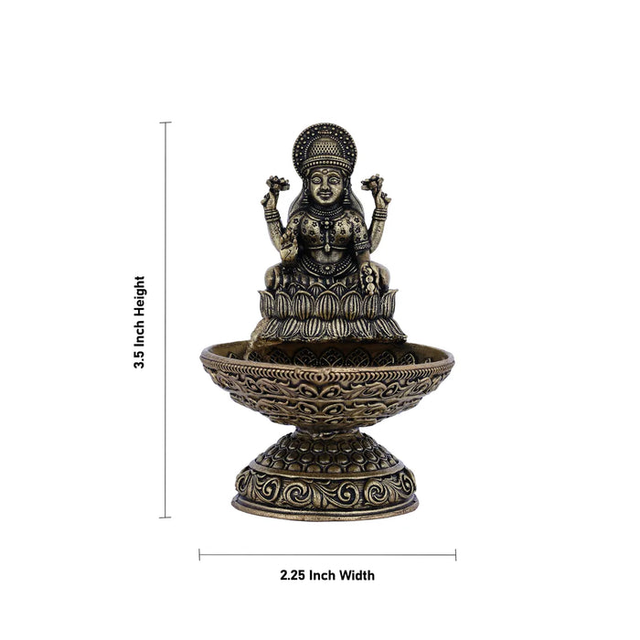 Lakshmi with Deepam- 3.5 x 2.25 Inches | Antique Brass Vilakku / Oil Lamp / Diya For Home & Pooja - Deity Lamps