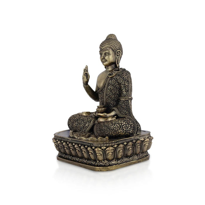 Brass Buddha Sitting On Flower Base Statue - 6 x 4 inches | Antique Brass Buddha Statue / Buddha Idol for Home - Brass Murties
