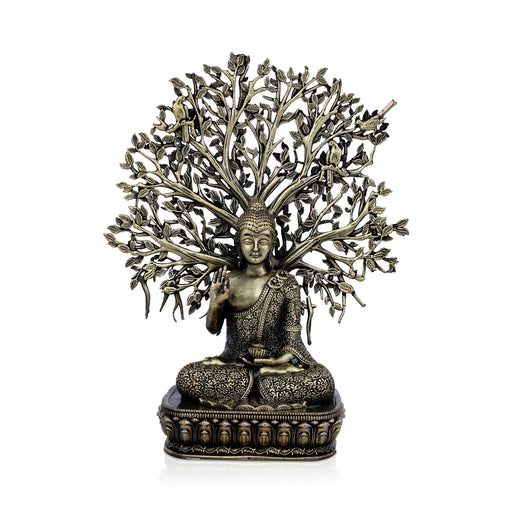 Buddha Sitting On Base Murti- 6.5 x 5 inches| Antique Brass Buddha sculpture/ Tree design Buddha idol for Home - Brass Murties