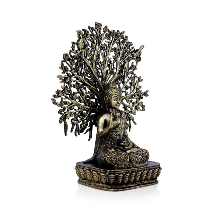 Buddha Sitting On Base Murti- 6.5 x 5 inches| Antique Brass Buddha sculpture/ Tree design Buddha idol for Home