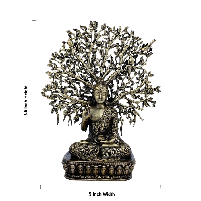 Buddha Sitting On Base Murti- 6.5 x 5 inches| Antique Brass Buddha sculpture/ Tree design Buddha idol for Home