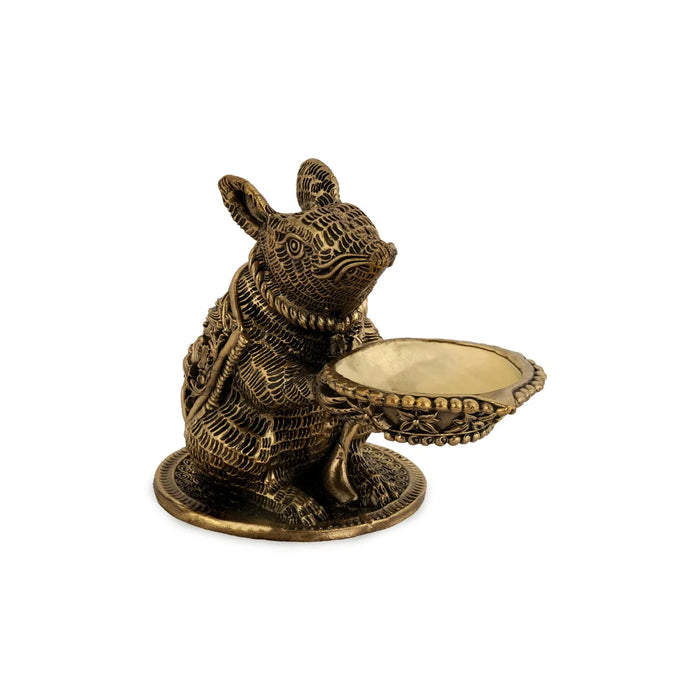 Mooshika Design Brass Diya – 3 x 3.5 Inches | Antique Brass Lamp / Decorative Pooja Vilakku