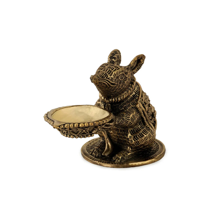 Mooshika Design Brass Diya – 3 x 3.5 Inches | Antique Brass Lamp / Decorative Pooja Vilakku