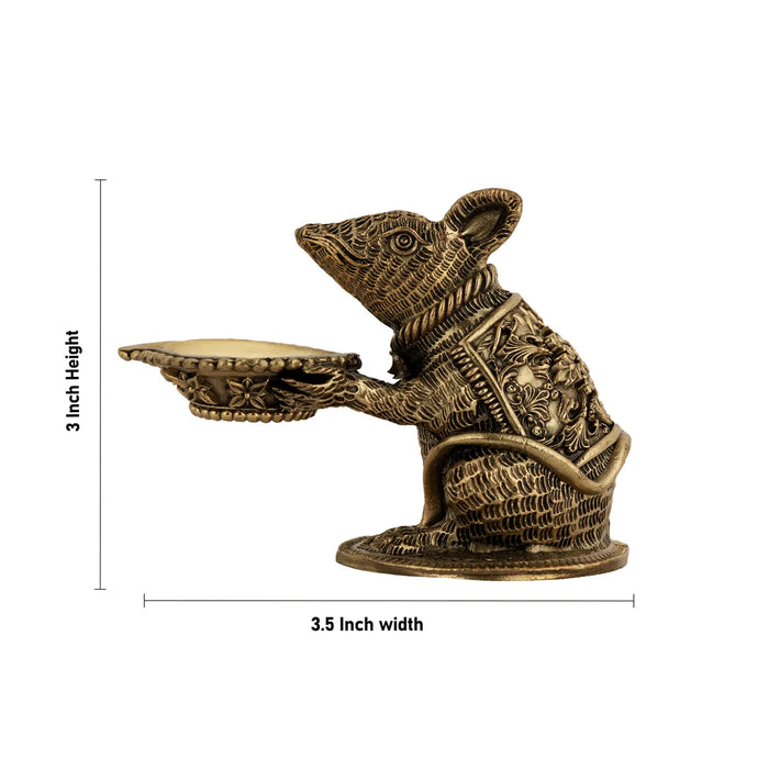 Mooshika Design Brass Diya – 3 x 3.5 Inches | Antique Brass Lamp / Decorative Pooja Vilakku