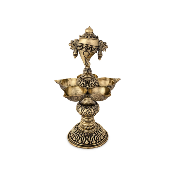 Brass 5 Face Shank design Deepam- 8 x 4.5 Inches |Antique Brass vilakku/ Pooja Lamp/Chakra Deepam/ temple lamp - Deity Lamps
