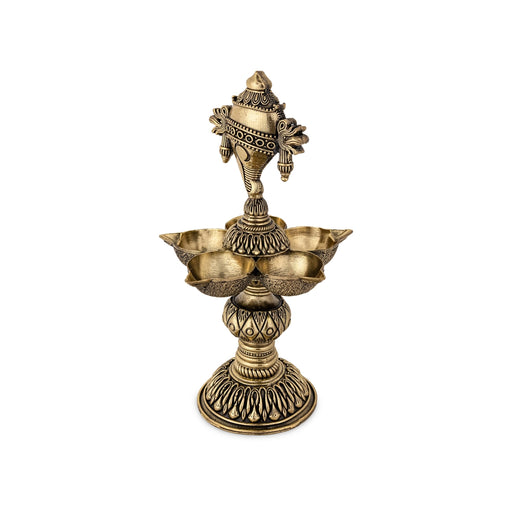 Brass 5 Face Shank design Deepam- 8 x 4.5 Inches |Antique Brass vilakku/ Pooja Lamp/Chakra Deepam/ temple lamp - Deity Lamps