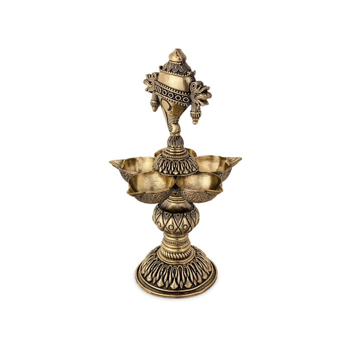 Brass 5 Face Shank design Deepam- 8 x 4.5 Inches |Antique Brass vilakku/ Pooja Lamp/Chakra Deepam/ temple lamp - Deity Lamps
