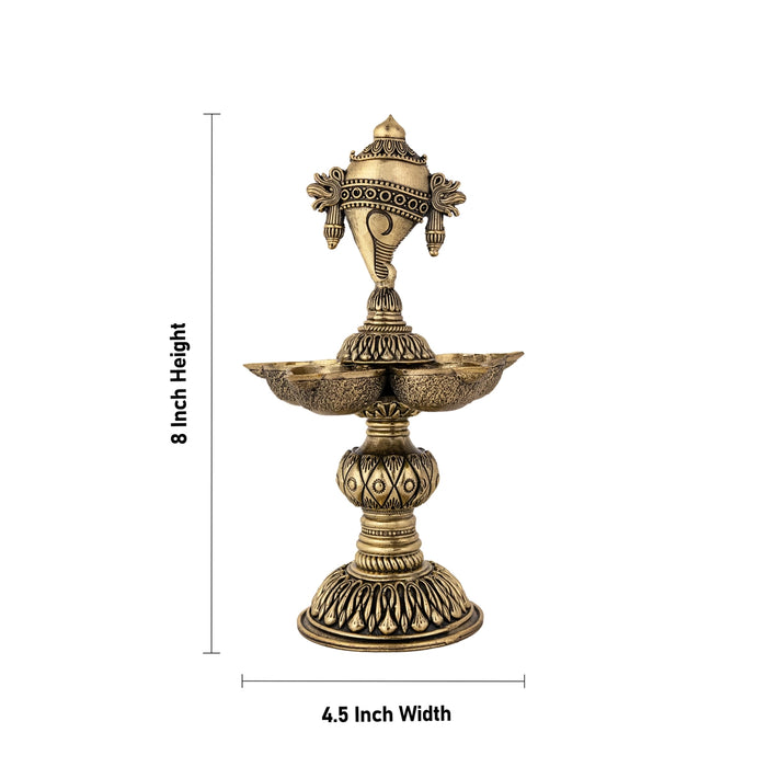 Brass 5 Face Shank design Deepam- 8 x 4.5 Inches |Antique Brass vilakku/ Pooja Lamp/Chakra Deepam/ temple lamp - Deity Lamps