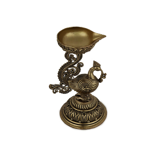 Peacock With Deep - 6 x 3 Inches | Antique Brass Diya / Mayil Vilakku / Deepam For Home & Pooja - Decorative Lamp