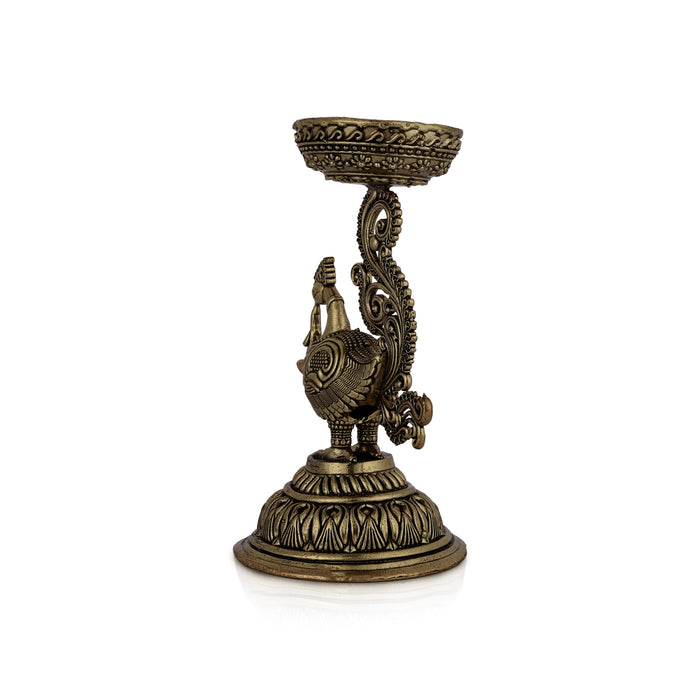 Peacock With Deep - 6 x 3 Inches | Antique Brass Diya / Mayil Vilakku / Deepam For Home & Pooja - Decorative Lamp