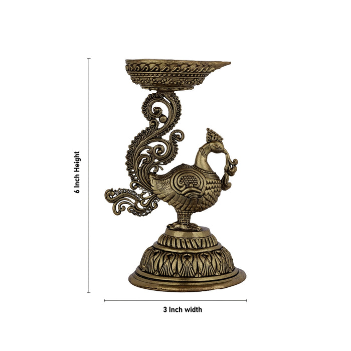 Peacock With Deep - 6 x 3 Inches | Antique Brass Diya / Mayil Vilakku / Deepam For Home & Pooja - Decorative Lamp