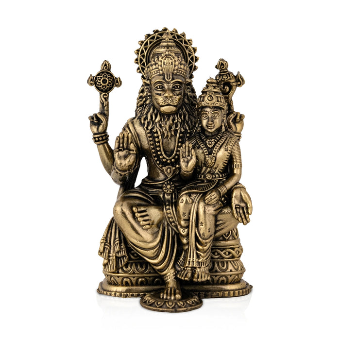 Lakshmi Narasimhar sitting on Base Murti- 3 x 2 Inches | Antique Brass Idol/ Laxmi Narashimar Statue/ Decor For Pooja - Brass Murties