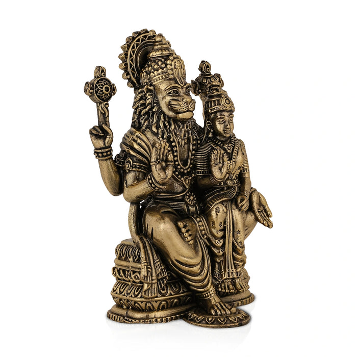 Lakshmi Narasimhar sitting on Base Murti- 3 x 2 Inches | Antique Brass Idol/ Laxmi Narashimar Statue/ Decor For Pooja - Brass Murties