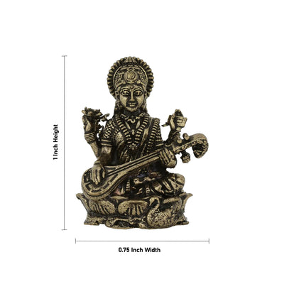 Saraswati Murti Sitting On Lotus – 1 X 0.75 Inches | Antique Brass Idol / Saraswathy Idol For Home Pooja Decor