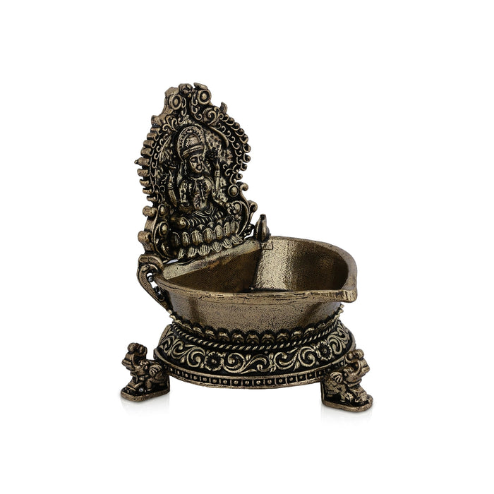 Lakshmi with Elephant Leg Deepam- 2.75 x 1.5 Inches | Antique Brass Vilakku / Oil Lamp / Diya For Home & Pooja - Deity Lamps
