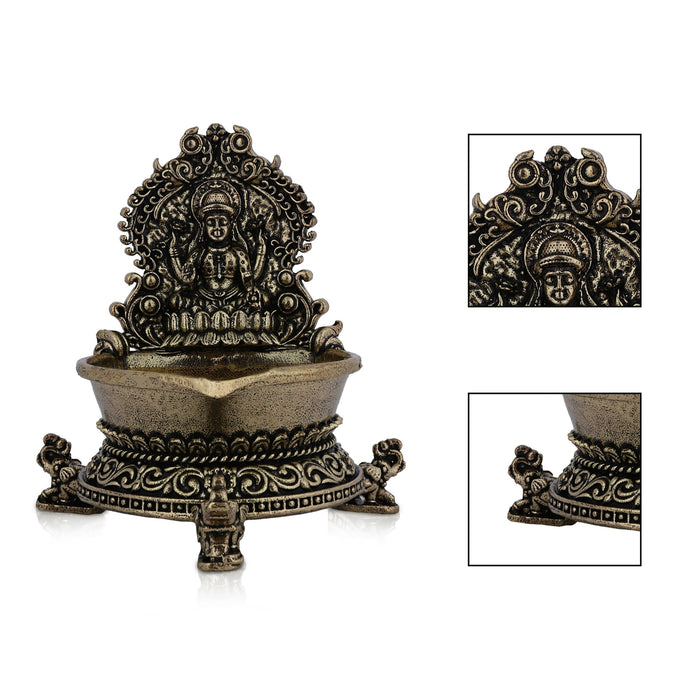 Lakshmi with Elephant Leg Deepam- 2.75 x 1.5 Inches | Antique Brass Vilakku / Oil Lamp / Diya For Home & Pooja - Deity Lamps