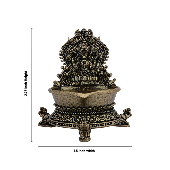 Lakshmi with Elephant Leg Deepam- 2.75 x 1.5 Inches | Antique Brass Vilakku / Oil Lamp / Diya For Home & Pooja - Deity Lamps
