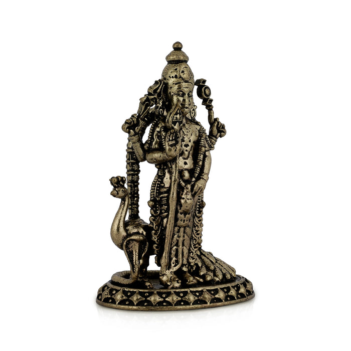 Mayil Murugan Standing On Base Murti - 3.5 x 2.25 Inches | Antique Brass Idol / Peacock Murugar Statue for Pooja - Brass Murties