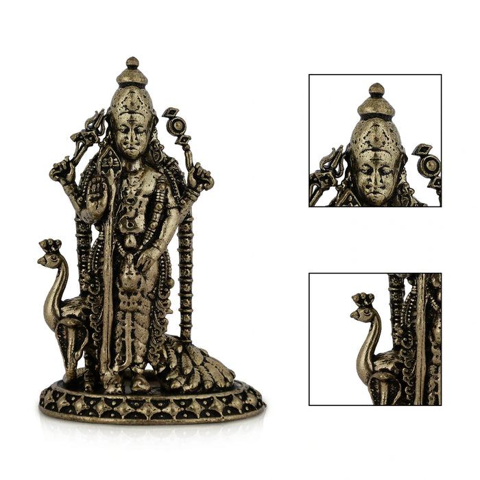 Mayil Murugan Standing On Base Murti - 3.5 x 2.25 Inches | Antique Brass Idol / Peacock Murugar Statue for Pooja - Brass Murties
