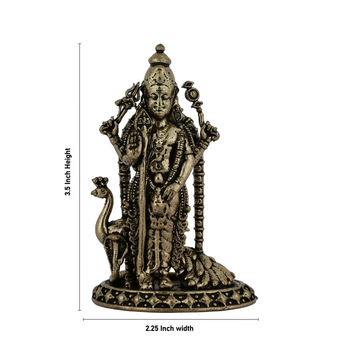 Mayil Murugan Standing On Base Murti - 3.5 x 2.25 Inches | Antique Brass Idol / Peacock Murugar Statue for Pooja - Brass Murties
