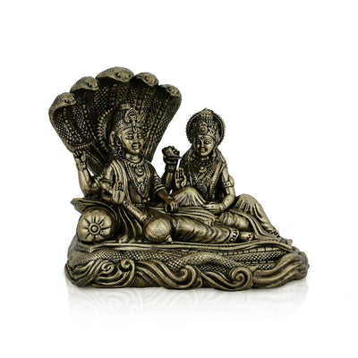 Vishnu Lakshmi Sitting on Sheshnag - 3 x 3 inches | Antique Brass Vishnu Lakshmi Idol / Murti for Home & Pooja Decor