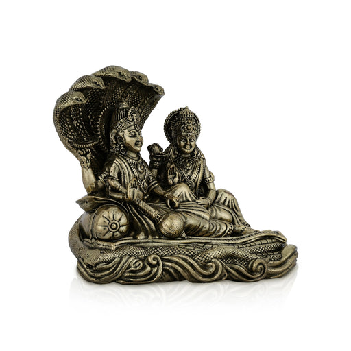 Vishnu Lakshmi Sitting on Sheshnag - 3 x 3 inches | Antique Brass Vishnu Lakshmi Idol / Murti for Home & Pooja Decor - Brass Murties