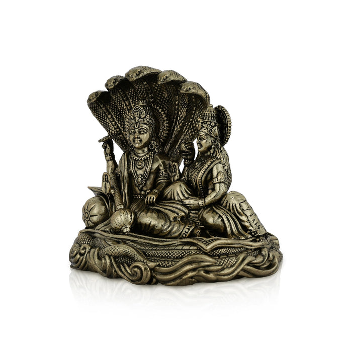 Vishnu Lakshmi Sitting on Sheshnag - 3 x 3 inches | Antique Brass Vishnu Lakshmi Idol / Murti for Home & Pooja Decor