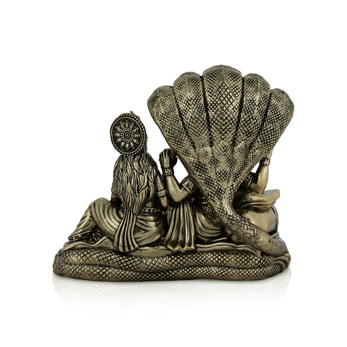 Vishnu Lakshmi Sitting on Sheshnag - 3 x 3 inches | Antique Brass Vishnu Lakshmi Idol / Murti for Home & Pooja Decor